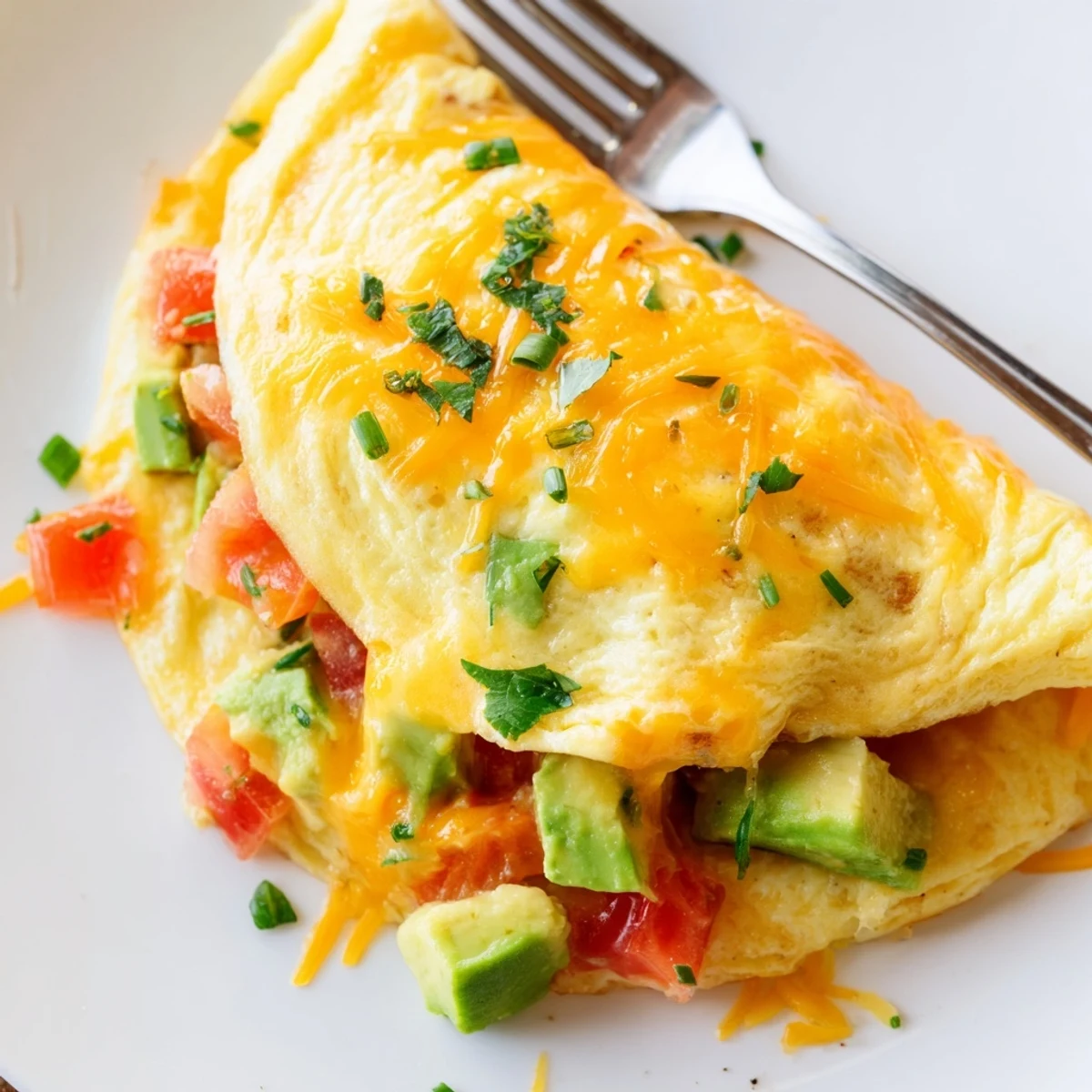 Golden creamy avocado cheesy tomato omelette folded on a white plate with fresh chives