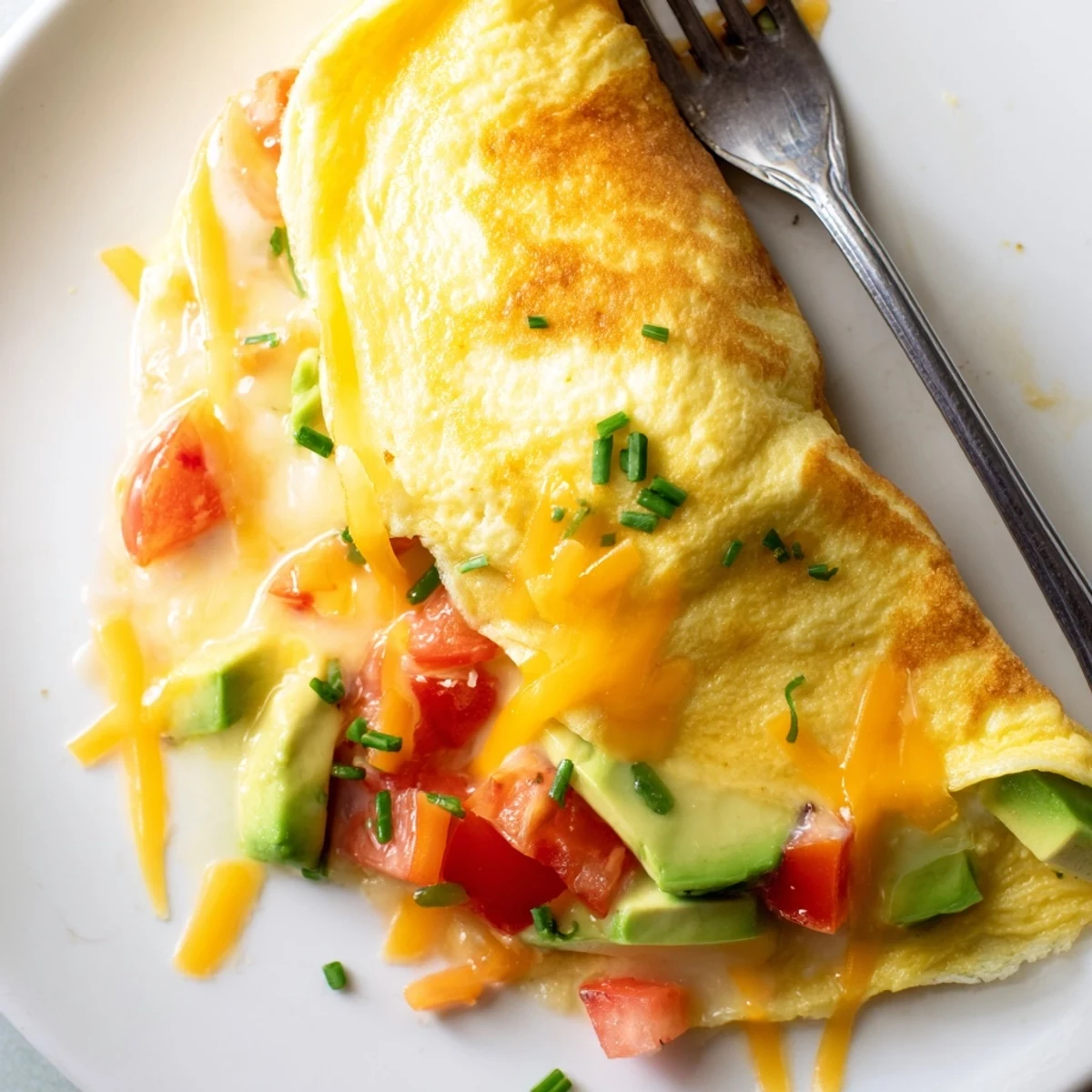 Melted cheddar and ripe avocado spill from this creamy avocado cheesy tomato omelette
