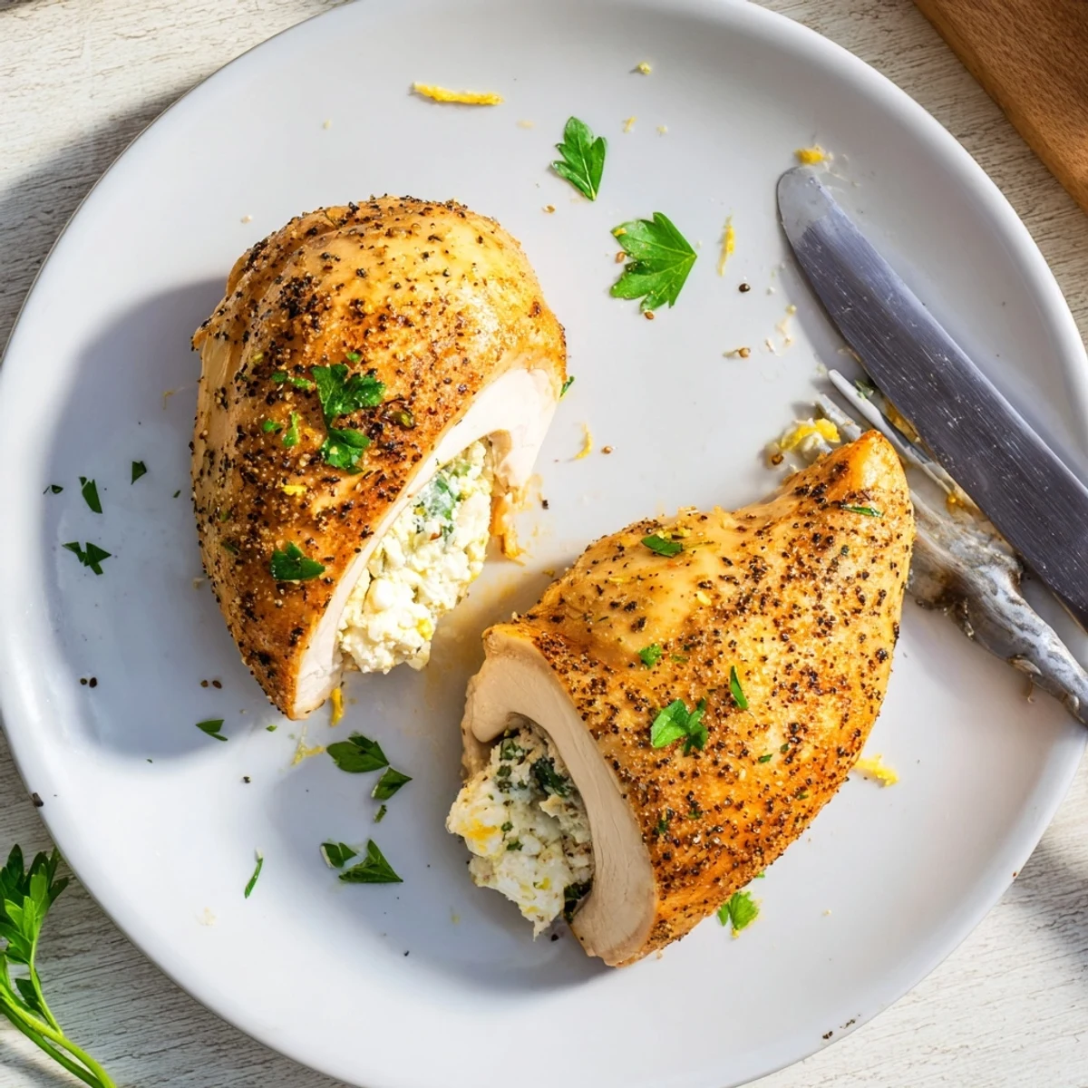 Golden goat cheese chicken stuffed with herbs, fresh from the oven