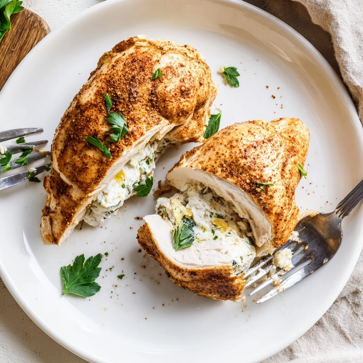 Creamy goat cheese oozing from a tender baked chicken breast on a white plate