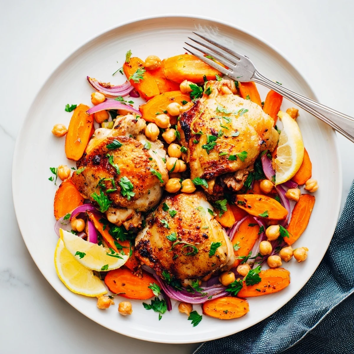Golden sumac chicken with carrots and chickpeas roasted on a sheet pan