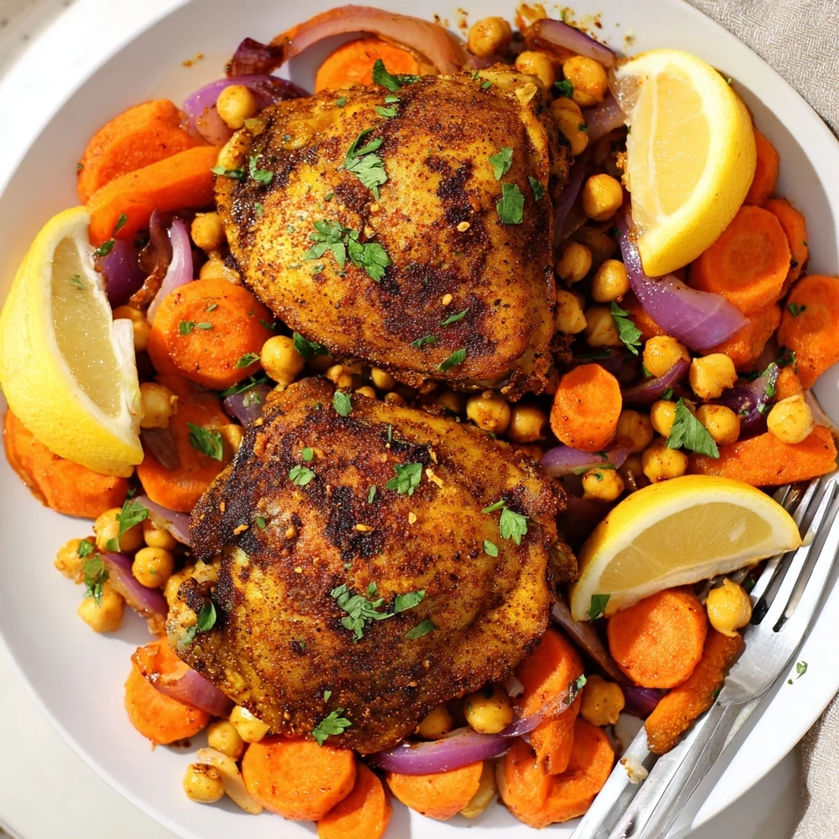 Tender sumac chicken nestled among caramelized carrots and crispy chickpeas on a rustic platter
