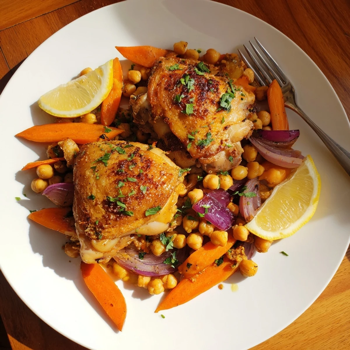 Juicy sumac chicken with roasted carrots and chickpeas garnished with fresh parsley and lemon