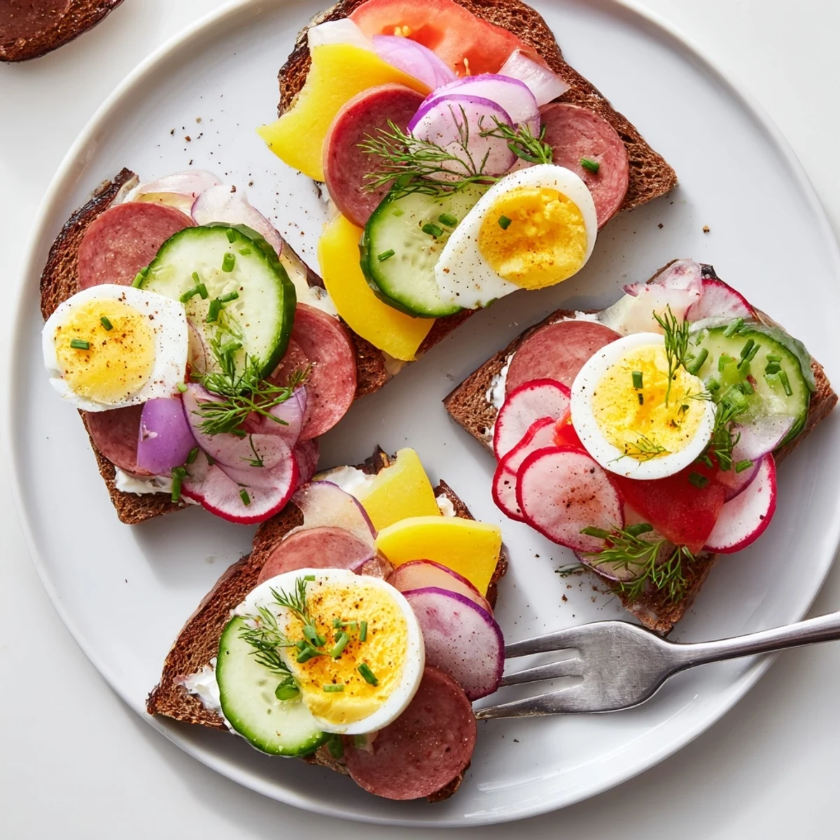 Open-faced Polish sandwiches topped with kielbasa, egg, and fresh vegetables on rye