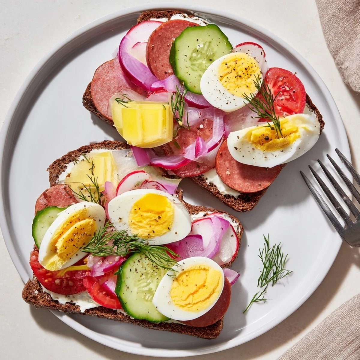 Colorful kanapki arranged on a platter with sliced radishes, tomato, and dill garnish