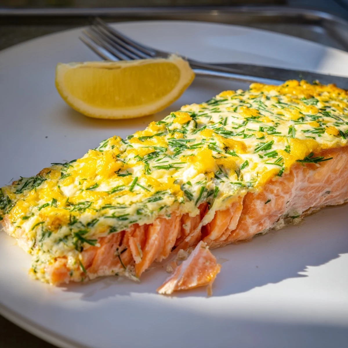 Creamy Boursin salmon fillets baked golden with fresh herbs and lemon zest