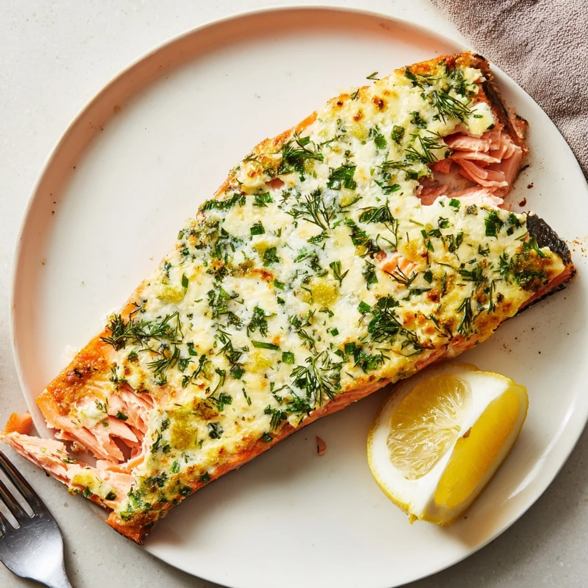 Herb-crusted Boursin salmon served hot on a plate with fresh lemon wedges