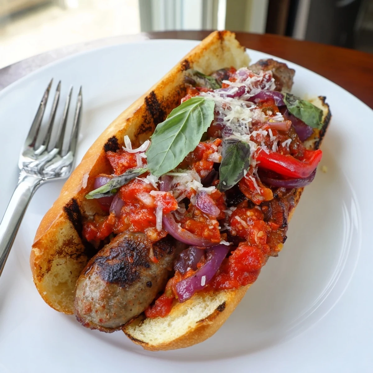 Charred grilled sausage grinders with smoky tomato sauce on toasted crusty rolls