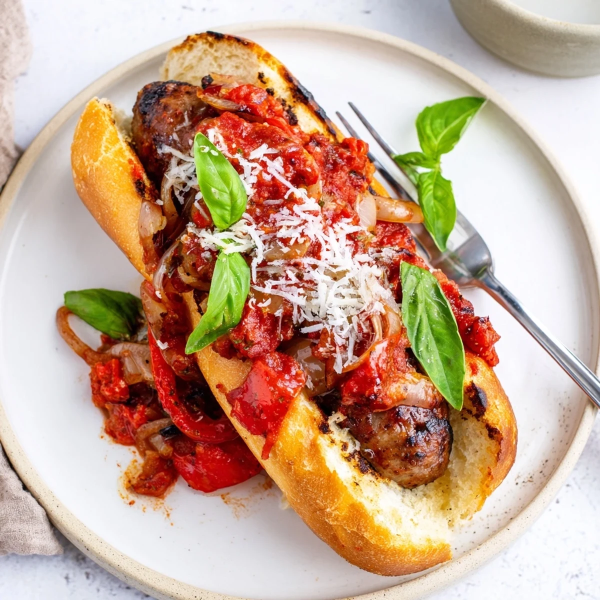 Golden hoagie rolls stuffed with juicy grilled sausages and chunky tomato sauce