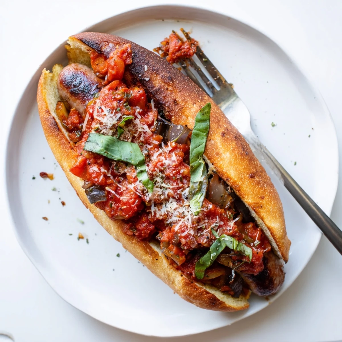 Melted mozzarella dripping over grilled sausage grinders topped with smoky charred tomato sauce