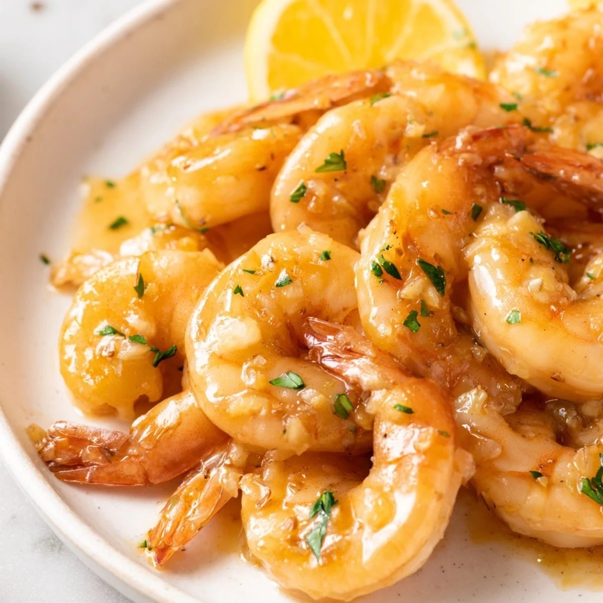 Plump buttered shrimp coated in a silky garlicky butter sauce with lemon wedges