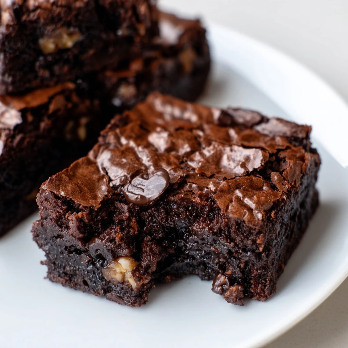 Fudgy ultimate brownies with a shiny crackly top cut into generous squares