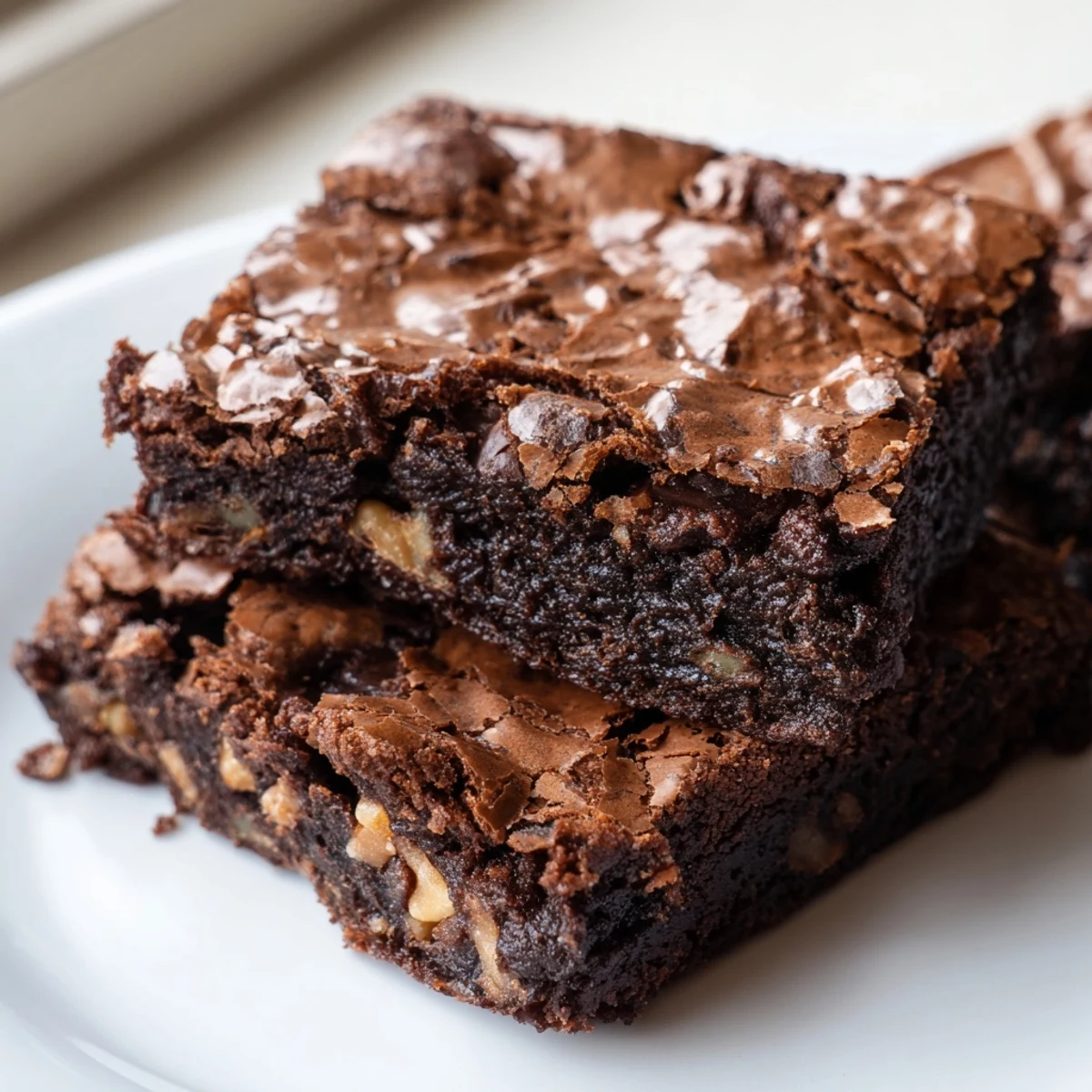 Rich dark ultimate brownies dotted with walnuts fresh from the oven on parchment