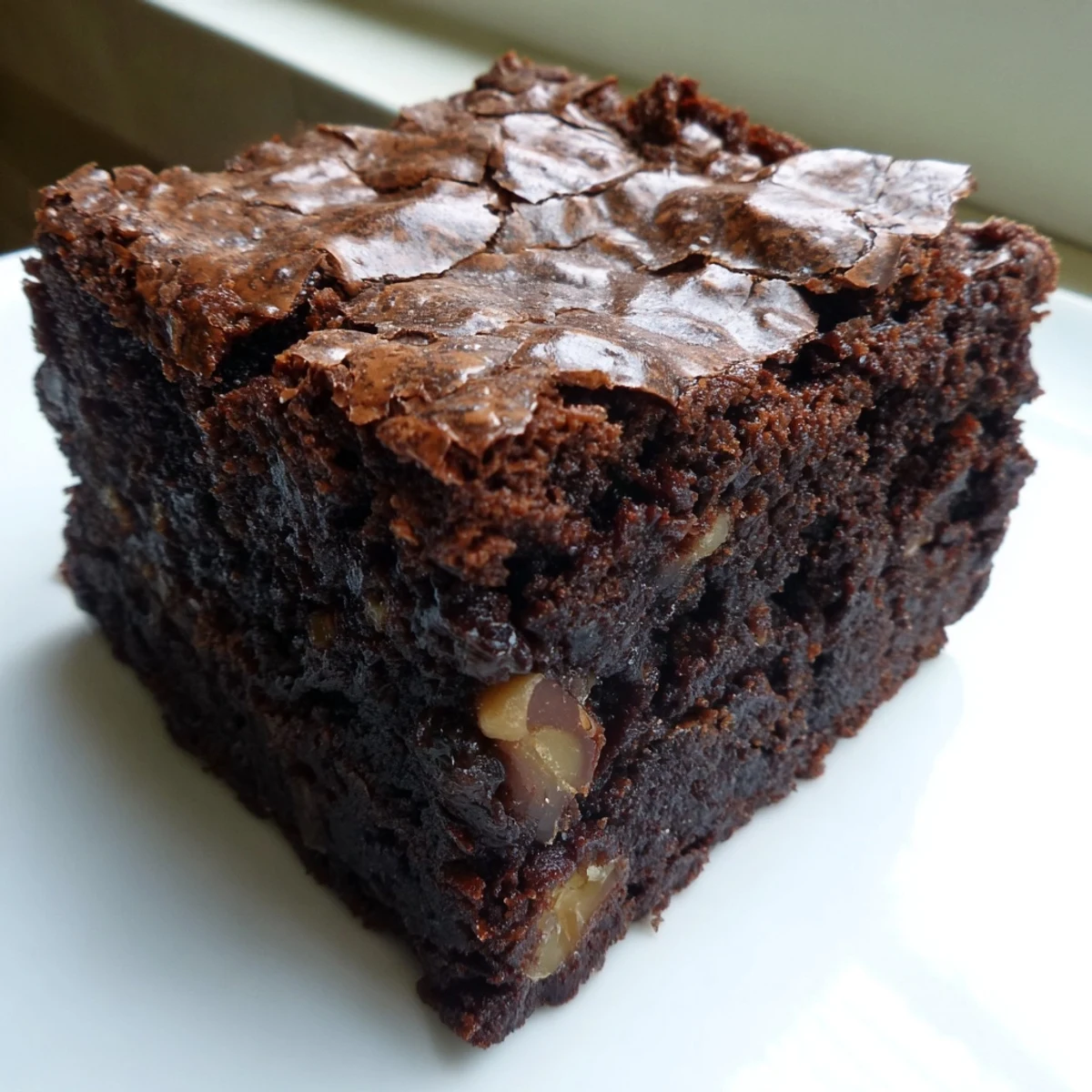 Ultimate brownies stacked on a rustic plate beside a scoop of vanilla ice cream