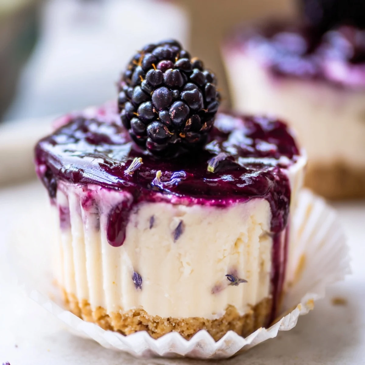 No bake mini blackberry lavender cheesecakes with purple-black fruit drizzle and buttery crust