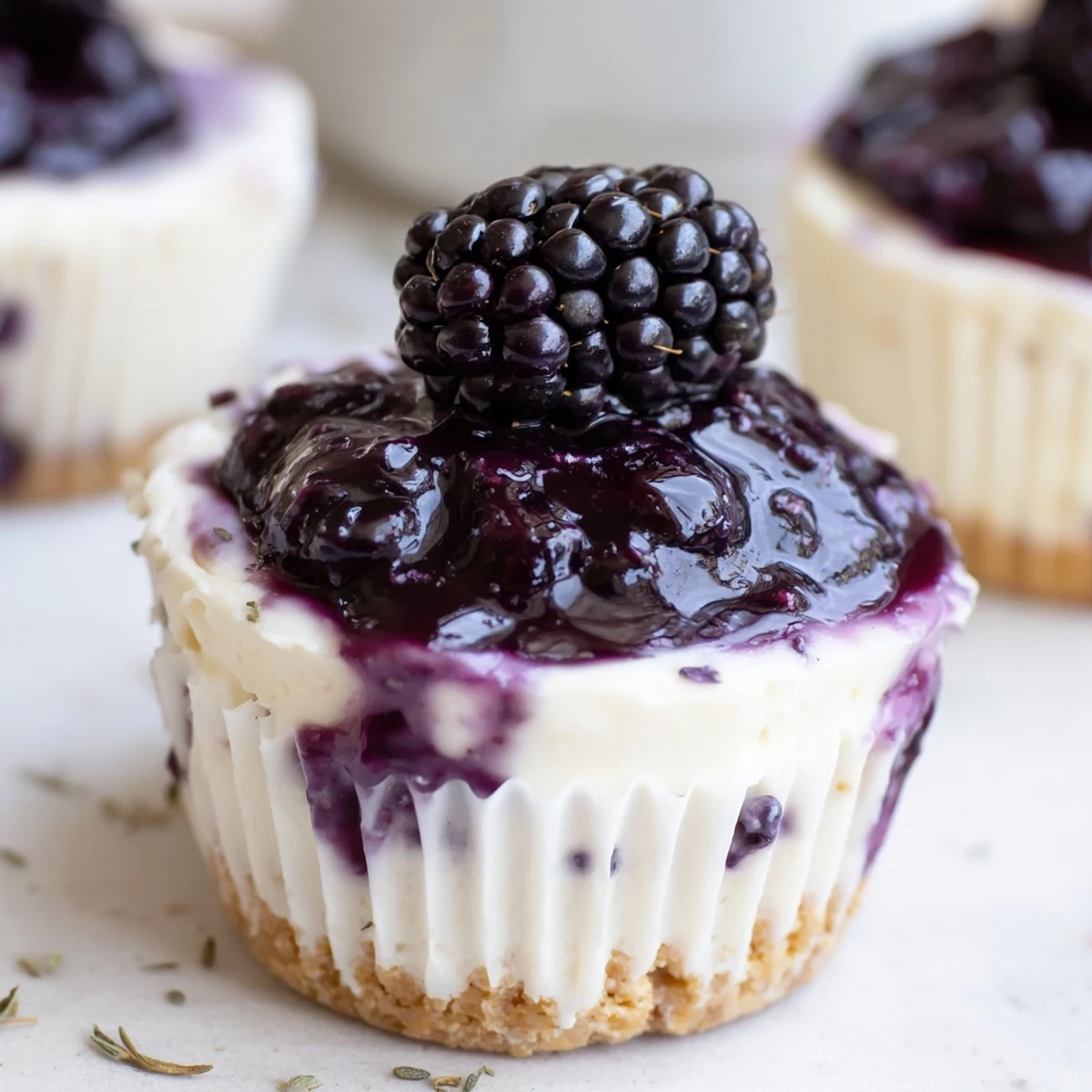 Silky no bake mini blackberry lavender cheesecakes finished with fresh berries and lavender sprigs