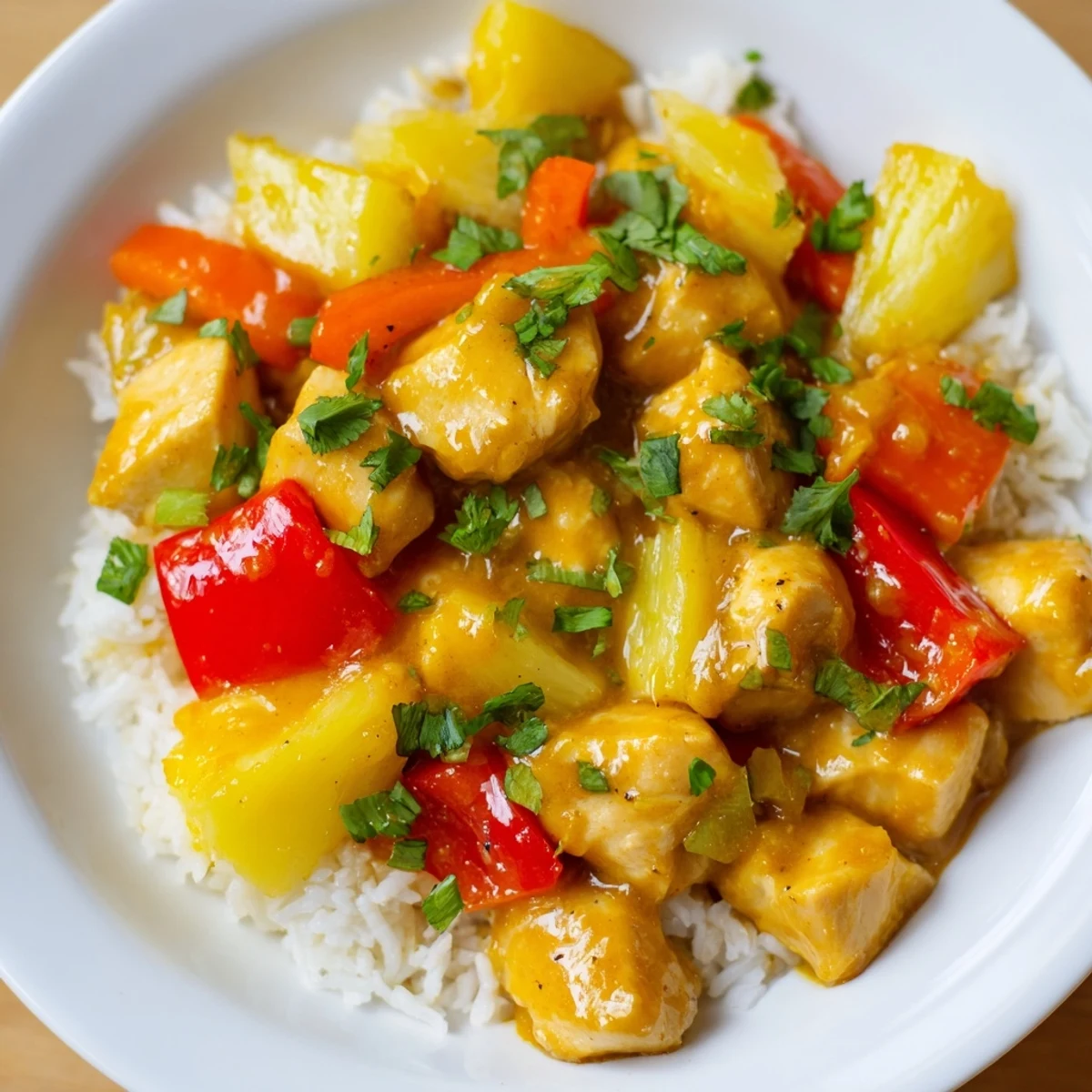 Golden chicken and pineapple swim in creamy coconut sauce over steamed jasmine rice