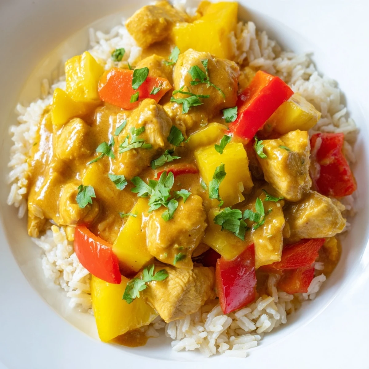 Cilantro topped Tropical Dinner Delight with tender chicken, colorful peppers, and fluffy white rice