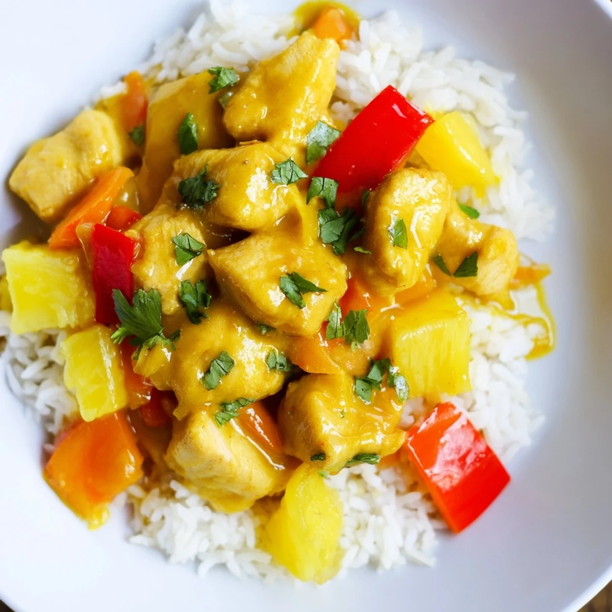 Tropical Dinner Delight features vibrant bell peppers and juicy pineapple in coconut lime sauce