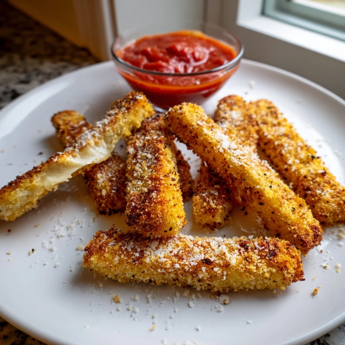 Golden baked cottage cheese fries arranged on parchment with a side of marinara dip