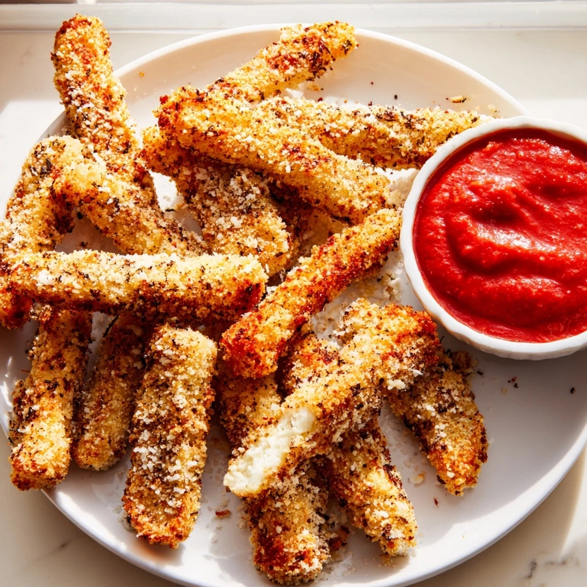 Crispy baked cottage cheese fries sprinkled with paprika served hot on a white plate