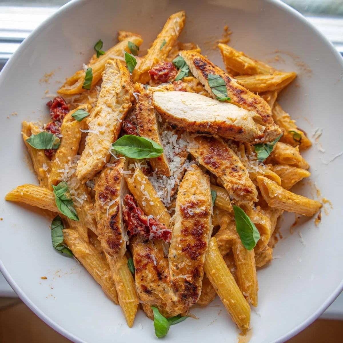 Creamy Sun Dried Tomato Marry Me Chicken Pasta in a rich golden sauce with fresh basil garnish