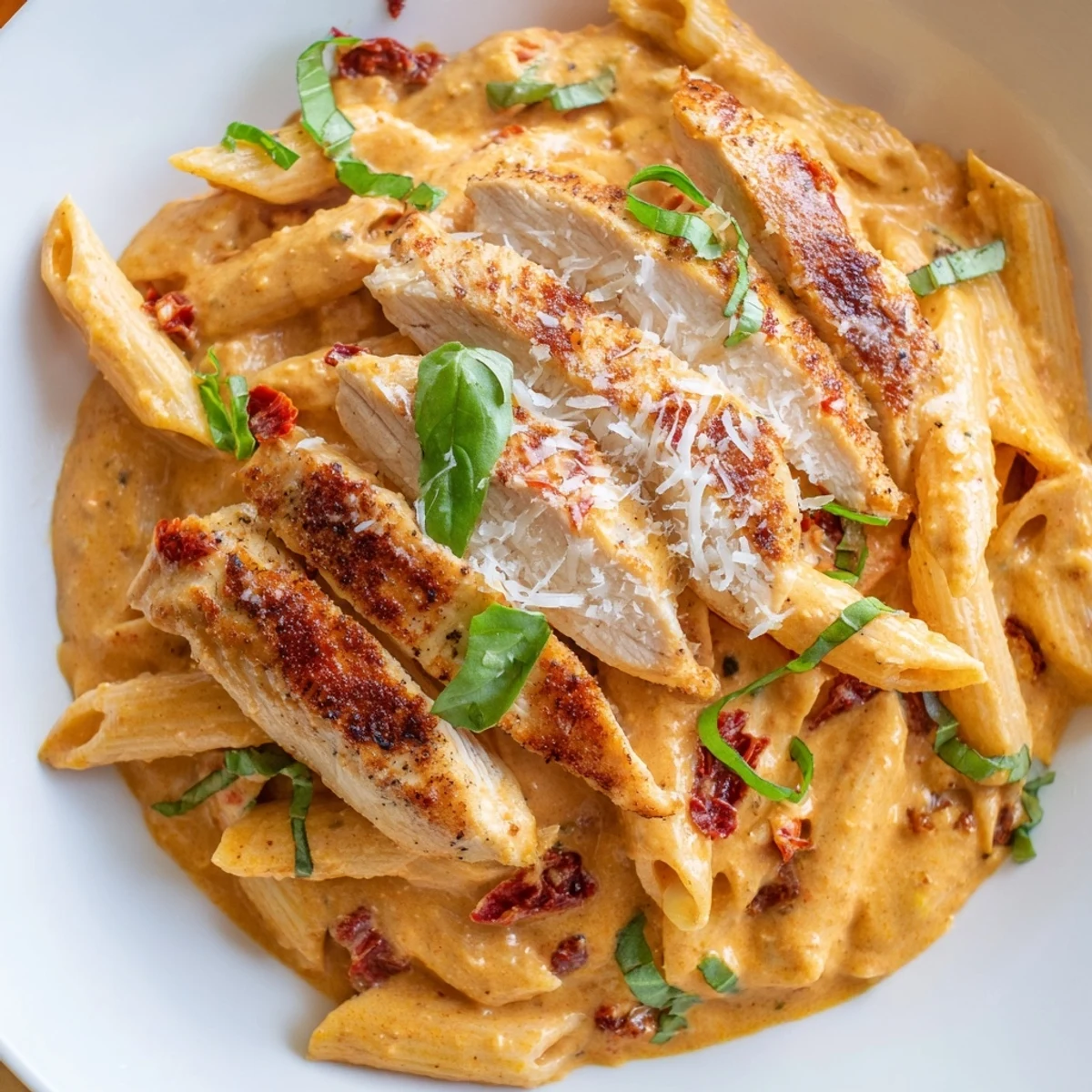 Steaming bowl of Sun Dried Tomato Marry Me Chicken Pasta tossed with tender penne and herbs