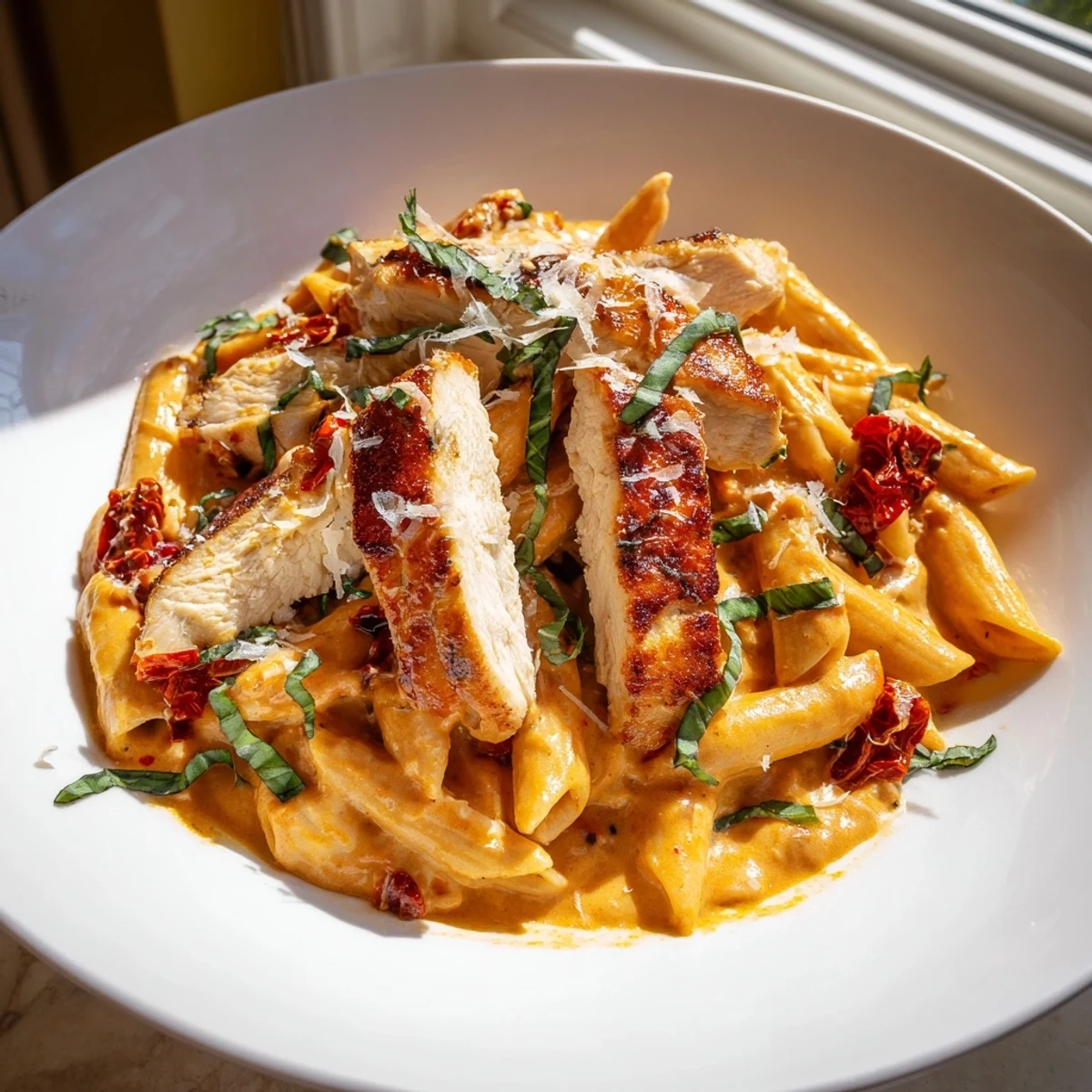 Sliced chicken breasts nestled over Sun Dried Tomato Marry Me Chicken Pasta with melted Parmesan