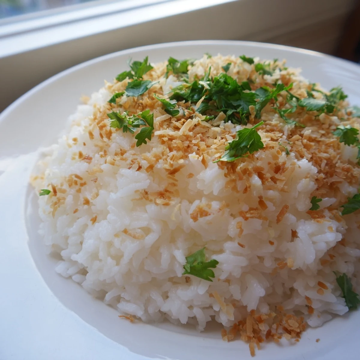Creamy coconut rice garnished with toasted coconut flakes and fresh cilantro