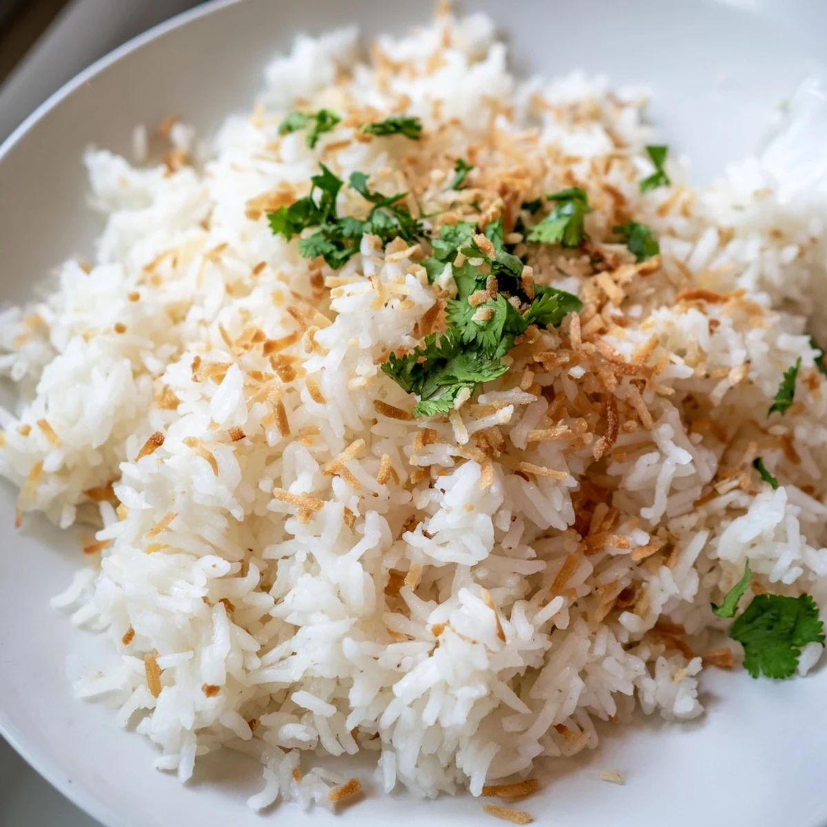 Tender jasmine coconut rice in a white dish with chopped cilantro sprinkled on top