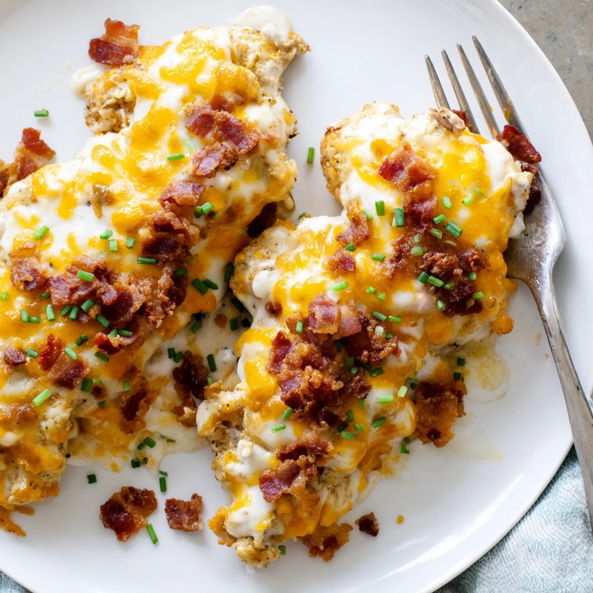 Juicy baked crack chicken smothered in melted cheese and crumbled ranch-seasoned bacon