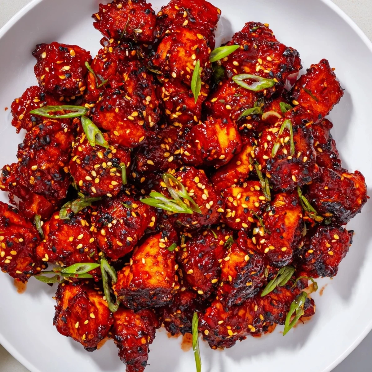Gochujang Chicken glazed to perfection with a caramelized, sticky red chili coating
