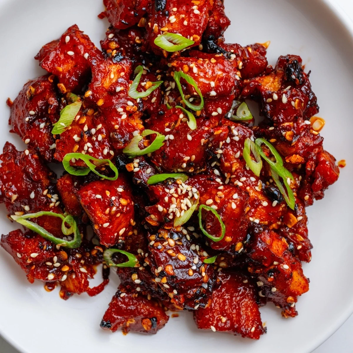 Tender Gochujang Chicken sizzling in a skillet with a glossy, spicy-sweet sauce