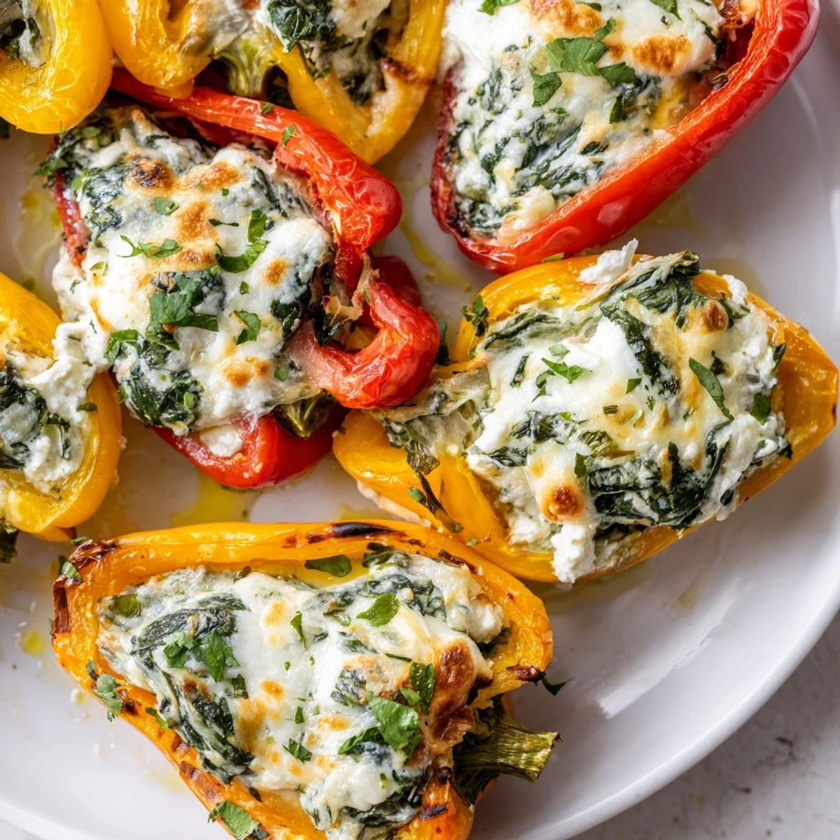 Golden baked ricotta stuffed peppers with bubbling mozzarella and fresh herbs on a rustic dish
