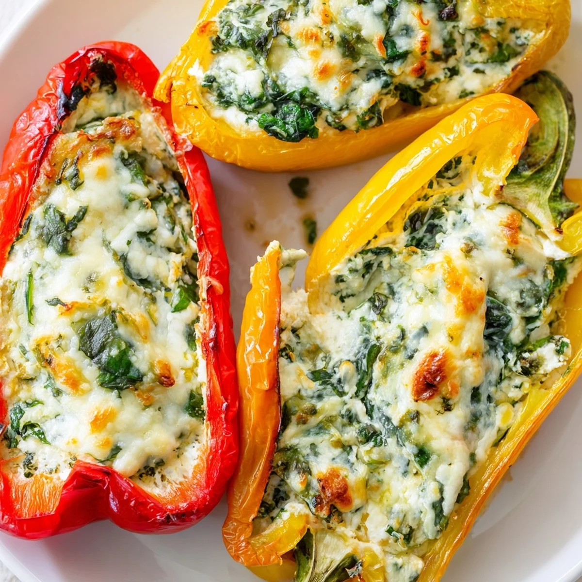 Roasted bell peppers overflowing with creamy herb-flecked ricotta filling and melted cheese topping