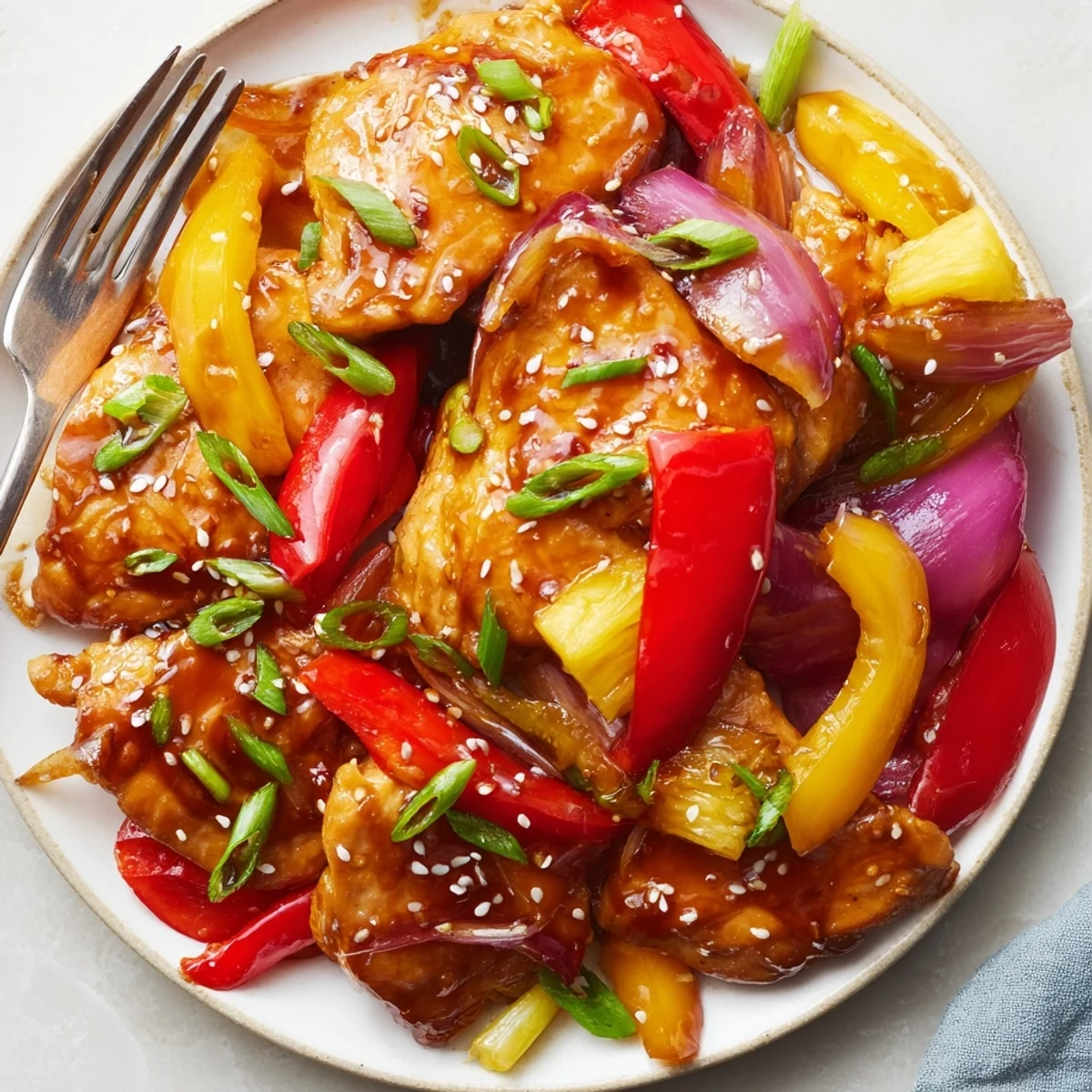 Golden Hawaiian chicken with caramelized pineapple and colorful bell peppers in a sticky glaze