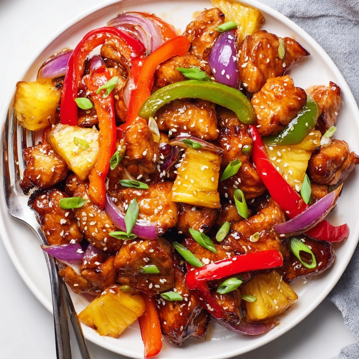 Tender Hawaiian chicken stir-fried with vibrant bell peppers onions and fresh pineapple chunks