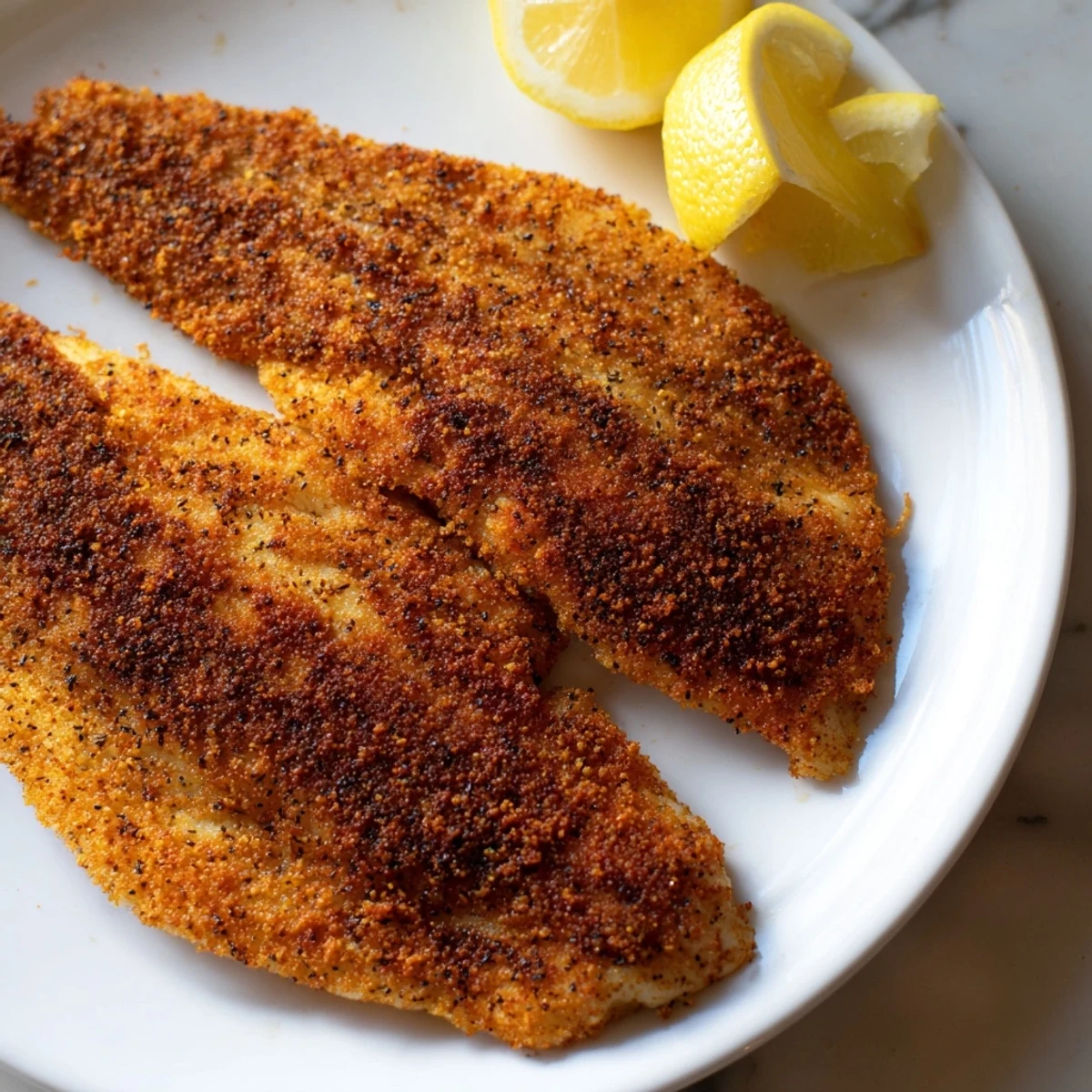 Golden pan fried tilapia fillets with a crispy seasoned crust and fresh lemon wedges