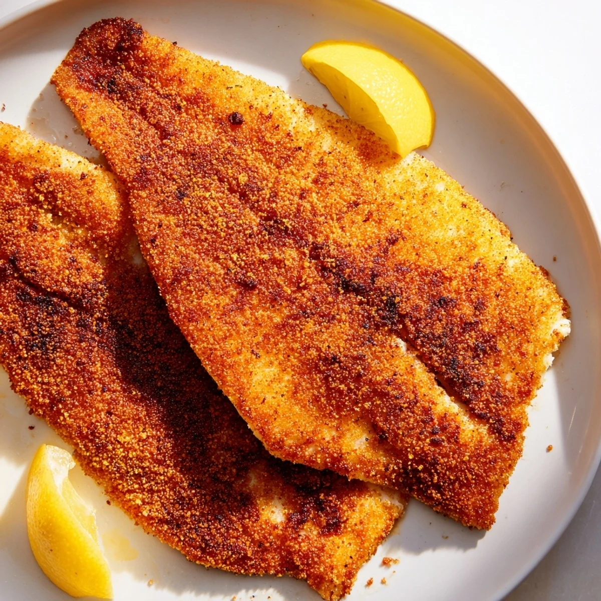 Pan fried tilapia sizzling in a skillet with a perfectly crisp golden cornmeal coating