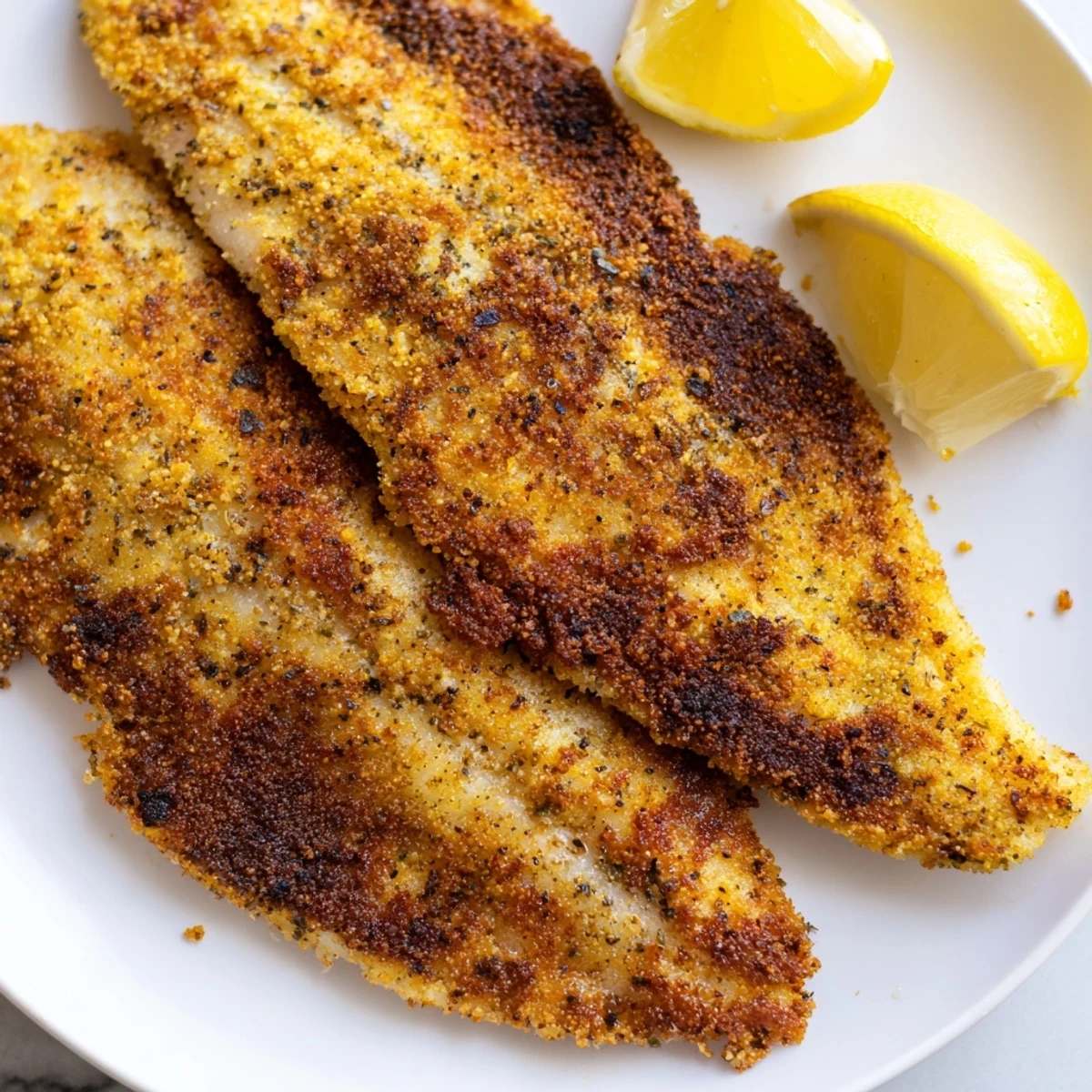 Perfectly cooked pan fried tilapia plated on a white dish flaked and ready to serve