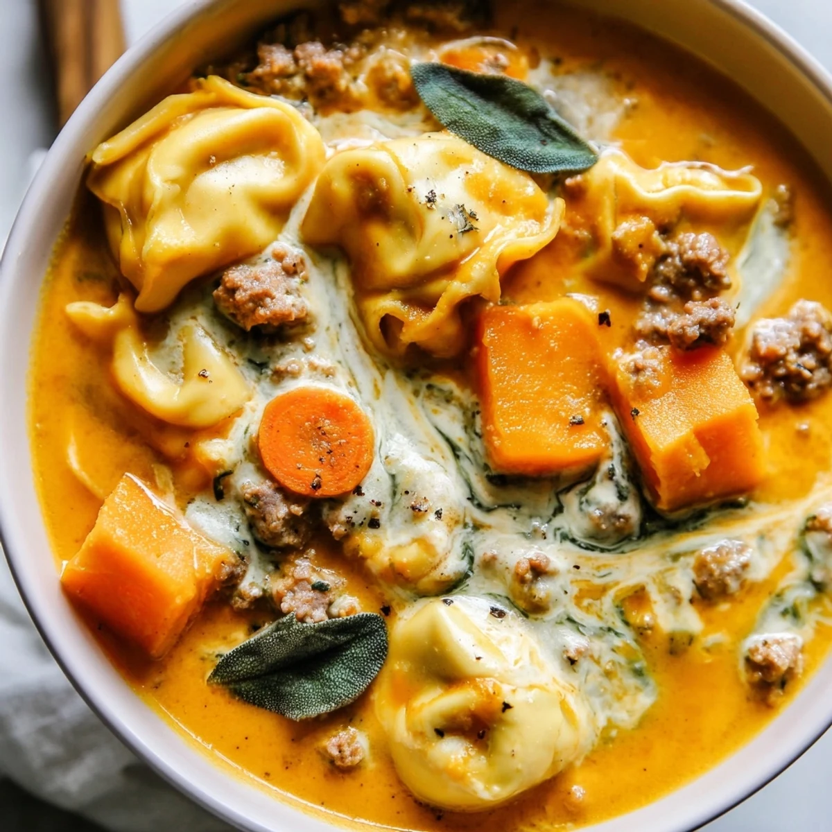 Creamy butternut squash sausage tortellini soup topped with a melted sage cheese swirl