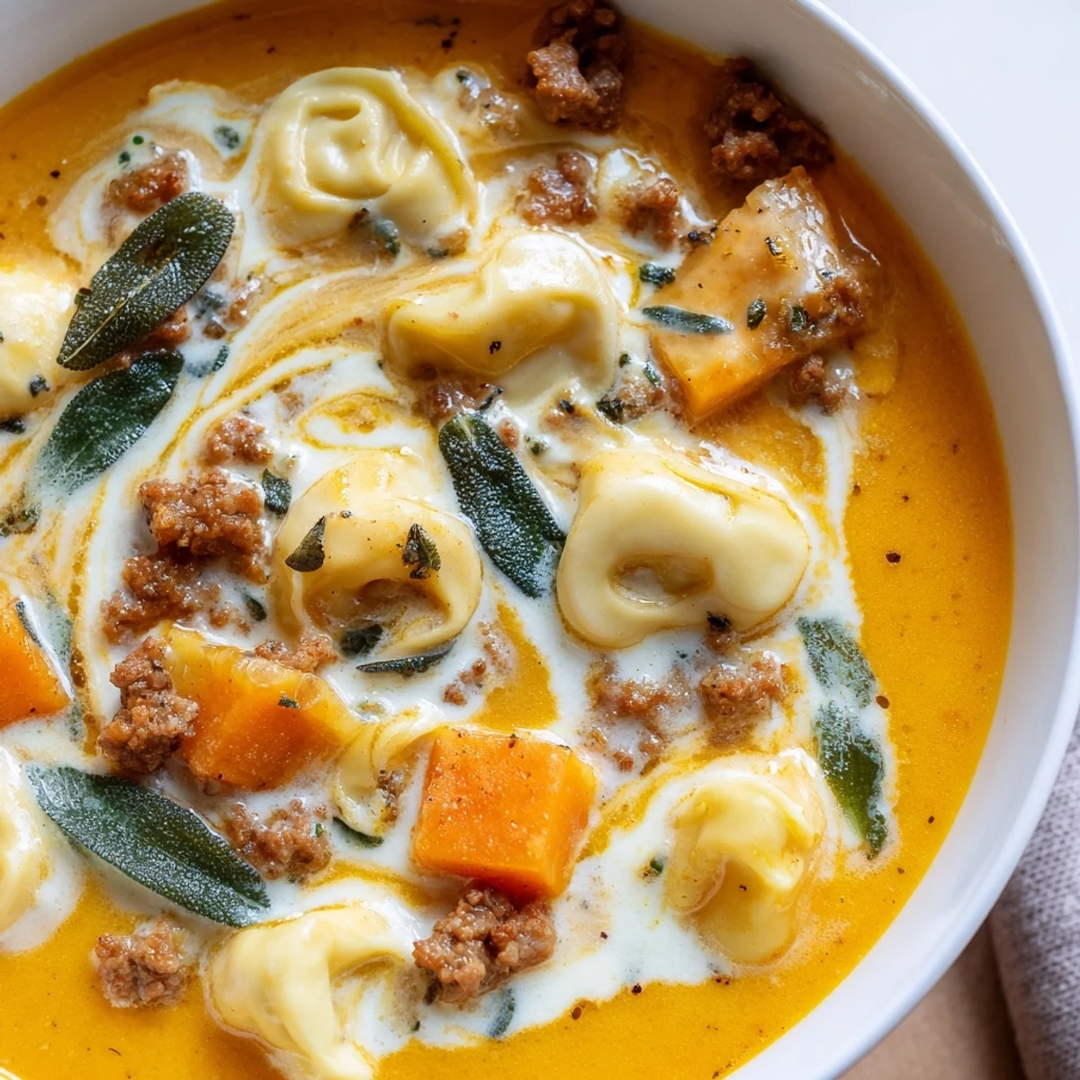 Steaming butternut squash sausage tortellini soup featuring crumbled Italian sausage and a velvety ricotta swirl