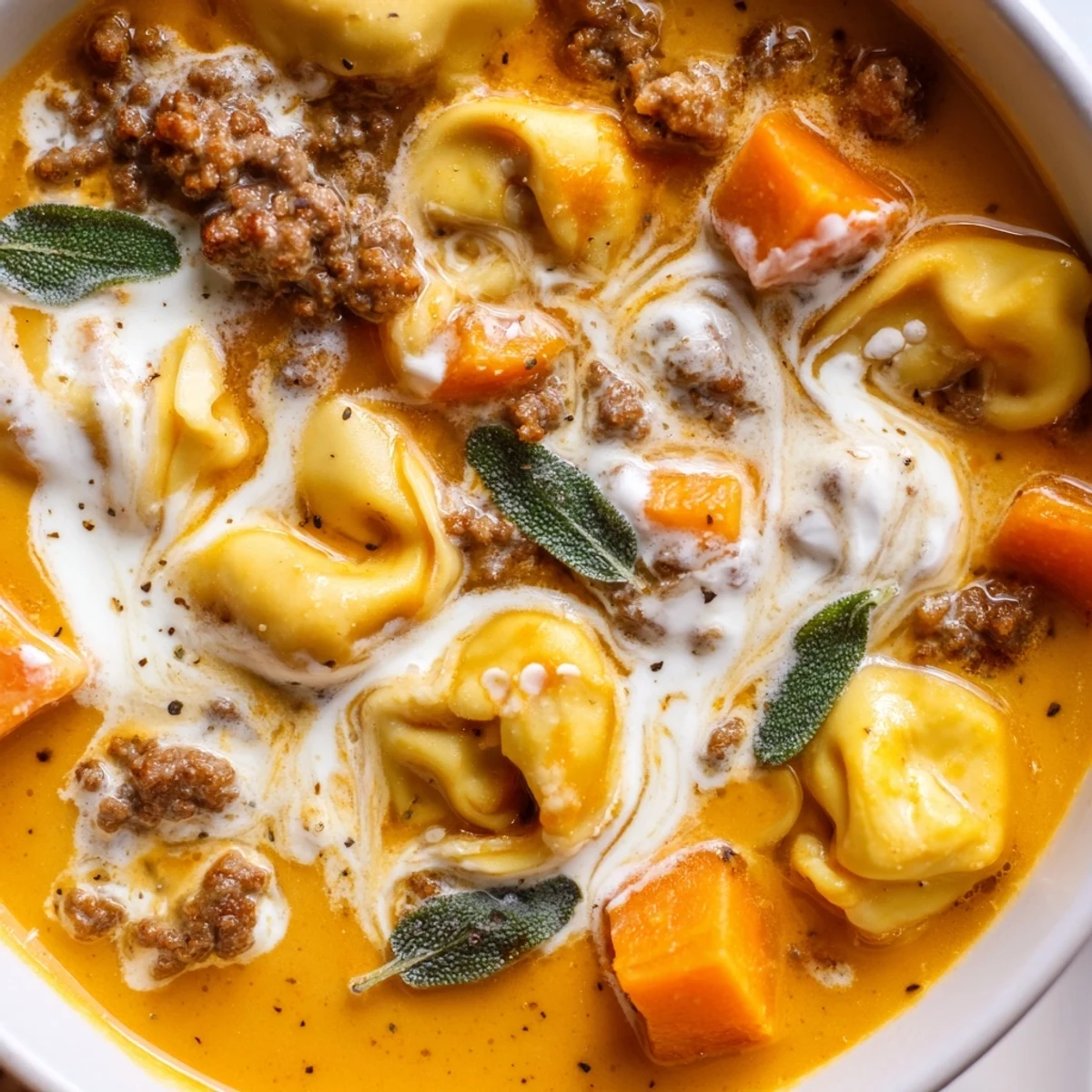 Golden bowl of butternut squash sausage tortellini soup with pillowy pasta and fresh sage garnish