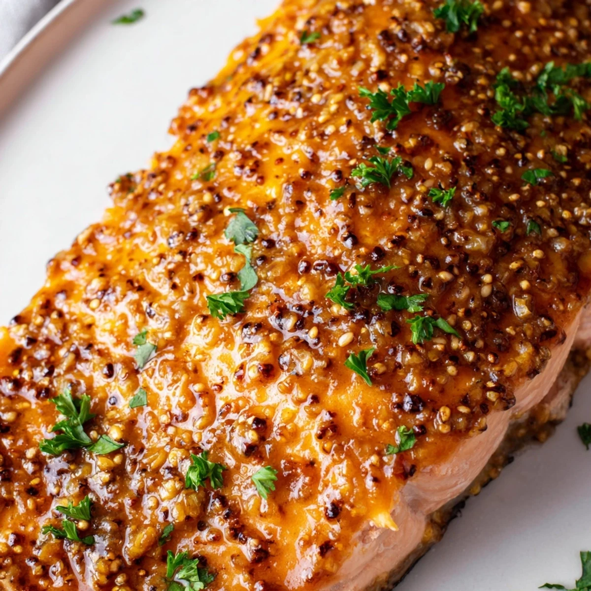 Golden baked honey mustard salmon glazed and garnished with fresh parsley on a baking sheet