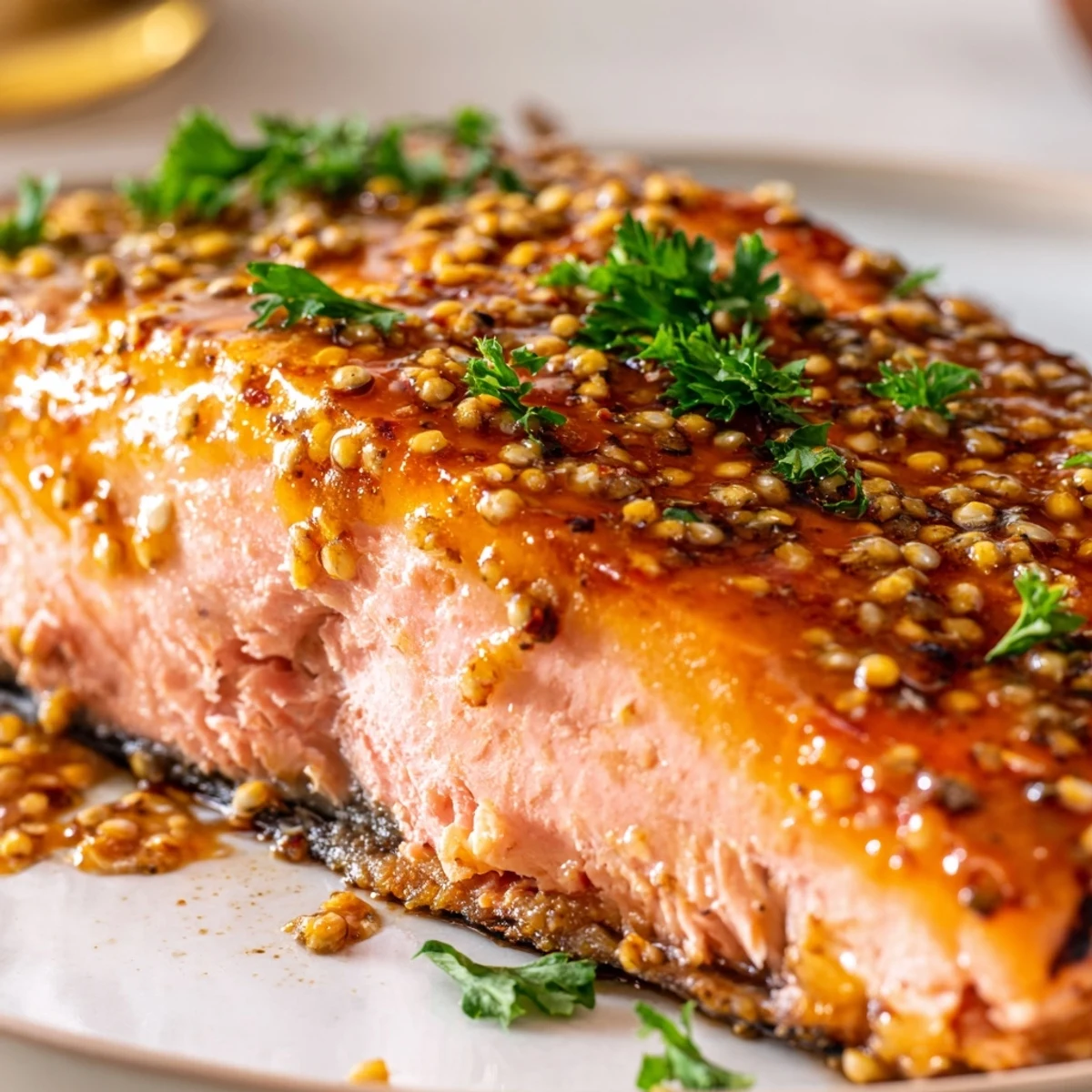Baked honey mustard salmon with caramelized glaze served alongside roasted vegetables and lemon wedges