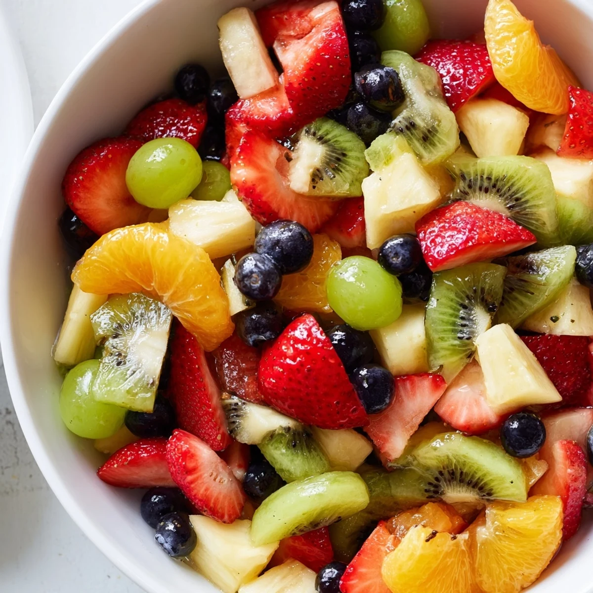 Colorful fruit bowl with strawberries, blueberries, and kiwi served fresh on a rustic wooden table