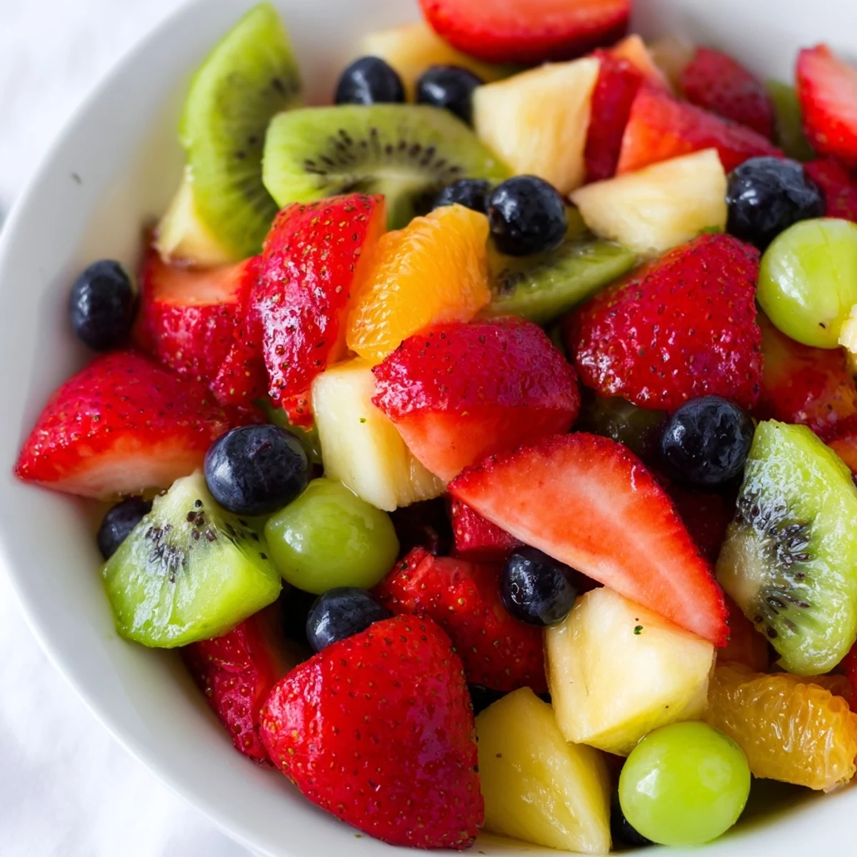 Vibrant seasonal fruit bowl tossed with lemon mint dressing in a ceramic serving bowl