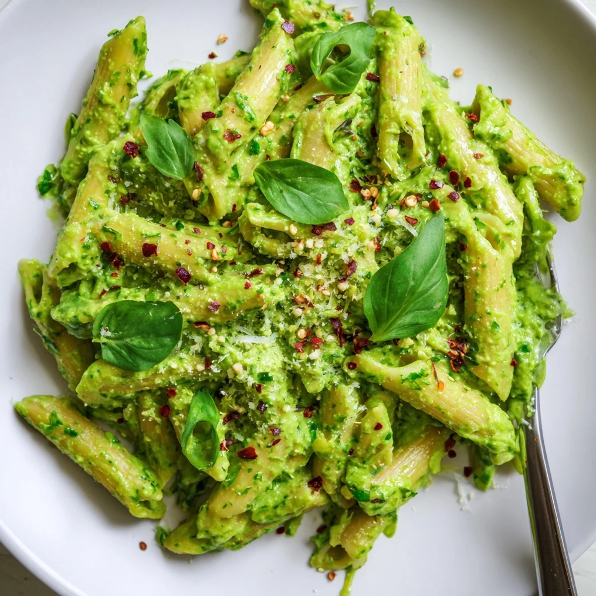 Creamy Green Goddess Pasta Sauce coats twirled spaghetti with fresh basil and herbs