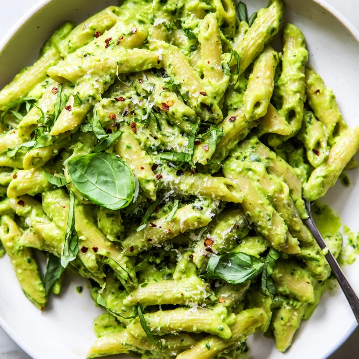 Bright green herbaceous Green Goddess Pasta Sauce served in a white ceramic bowl
