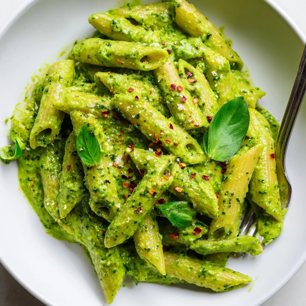 Silky Green Goddess Pasta Sauce tossed with penne and topped with Parmesan shavings